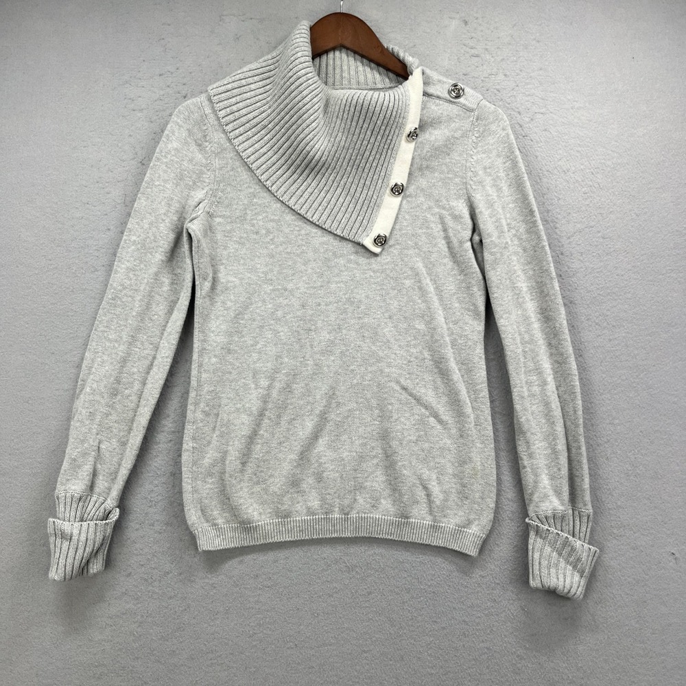 Banana Republic Sweater Womens S Gray Asymmetrical Button Cowl Neck Preppy Knit
